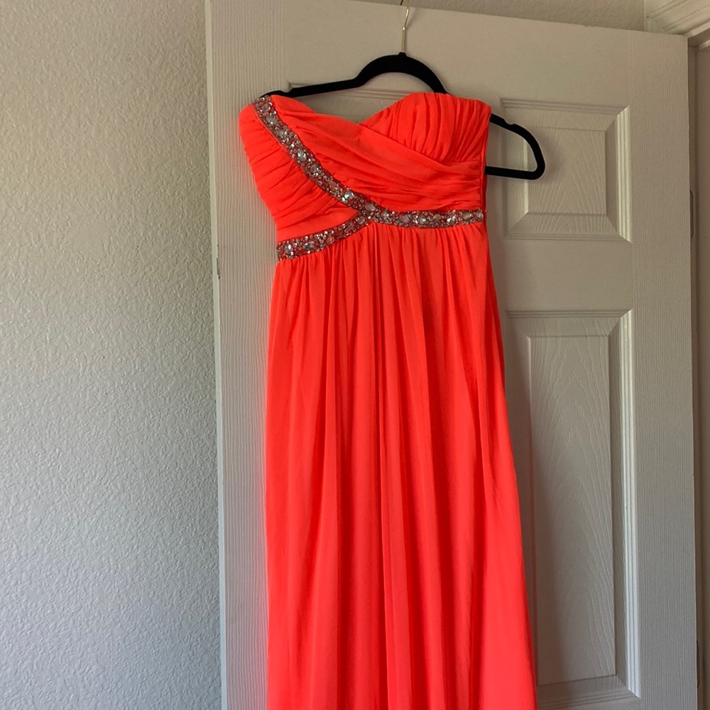 Coral beaded strapless prom dress